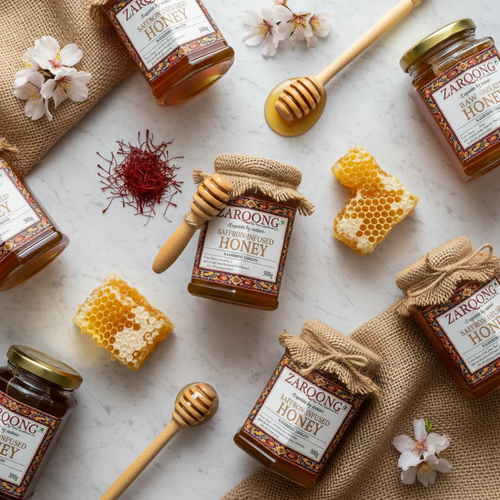 Elegant flat lay of Zarqong honey collection with saffron threads and natural elements